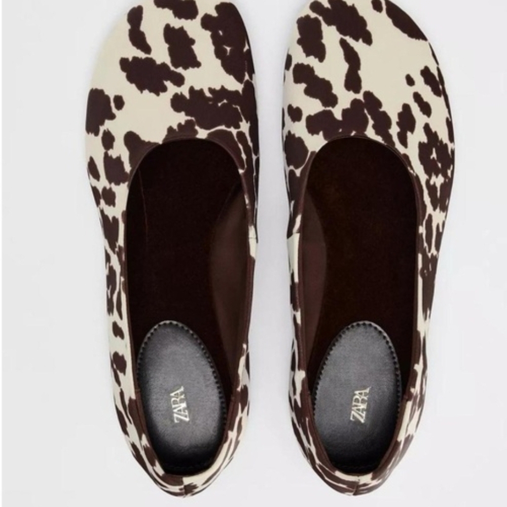 NWT Zara Satin Cow Animal Print Fabric Ballet Flats in Beige/Brown 7.5,  8 - Picture 2 of 7